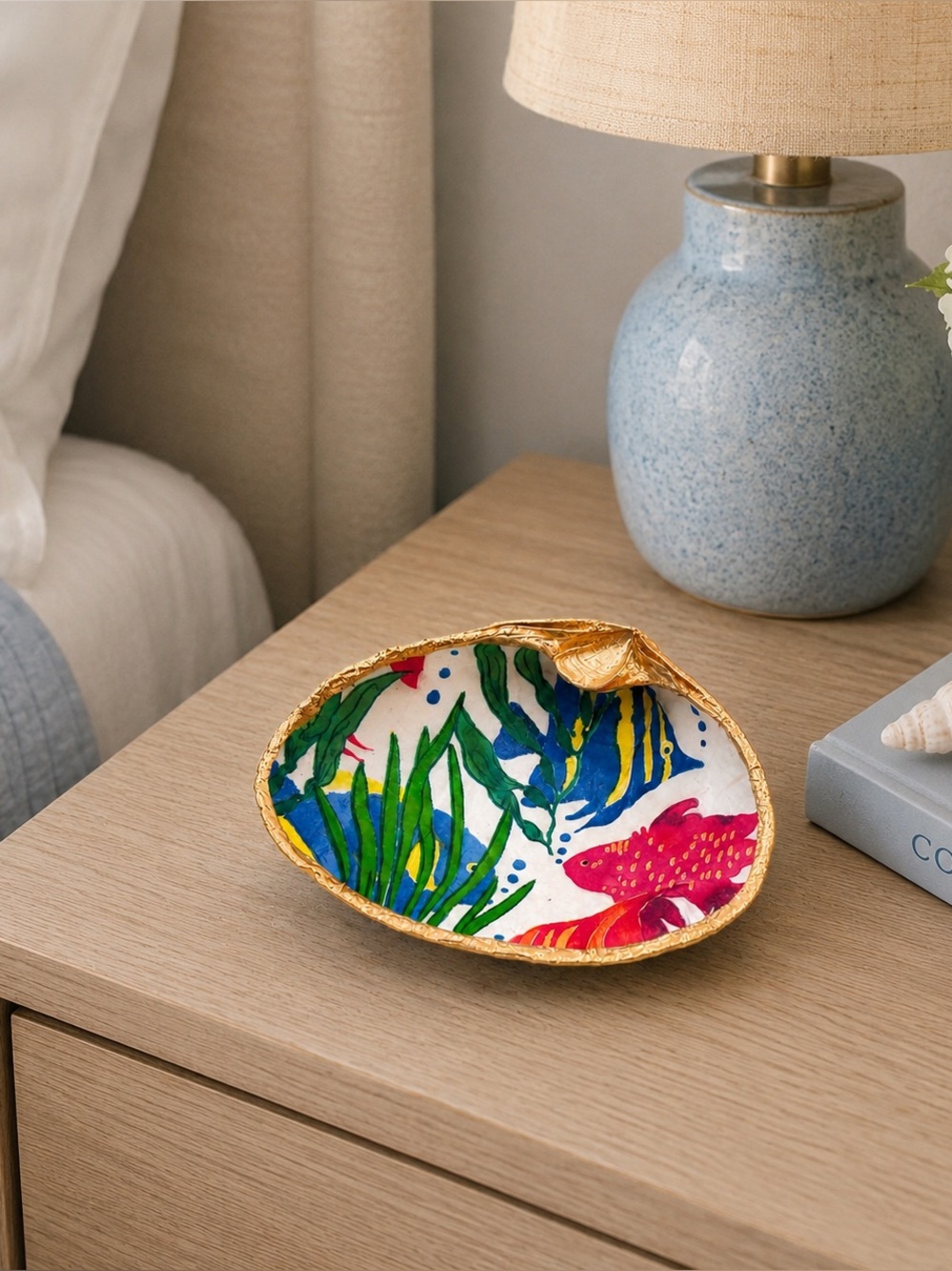 Tropical Fish Clam Shell Ring Dish | Hand Decoupage Nautical Jewelry Holder - Picture 3 of 4